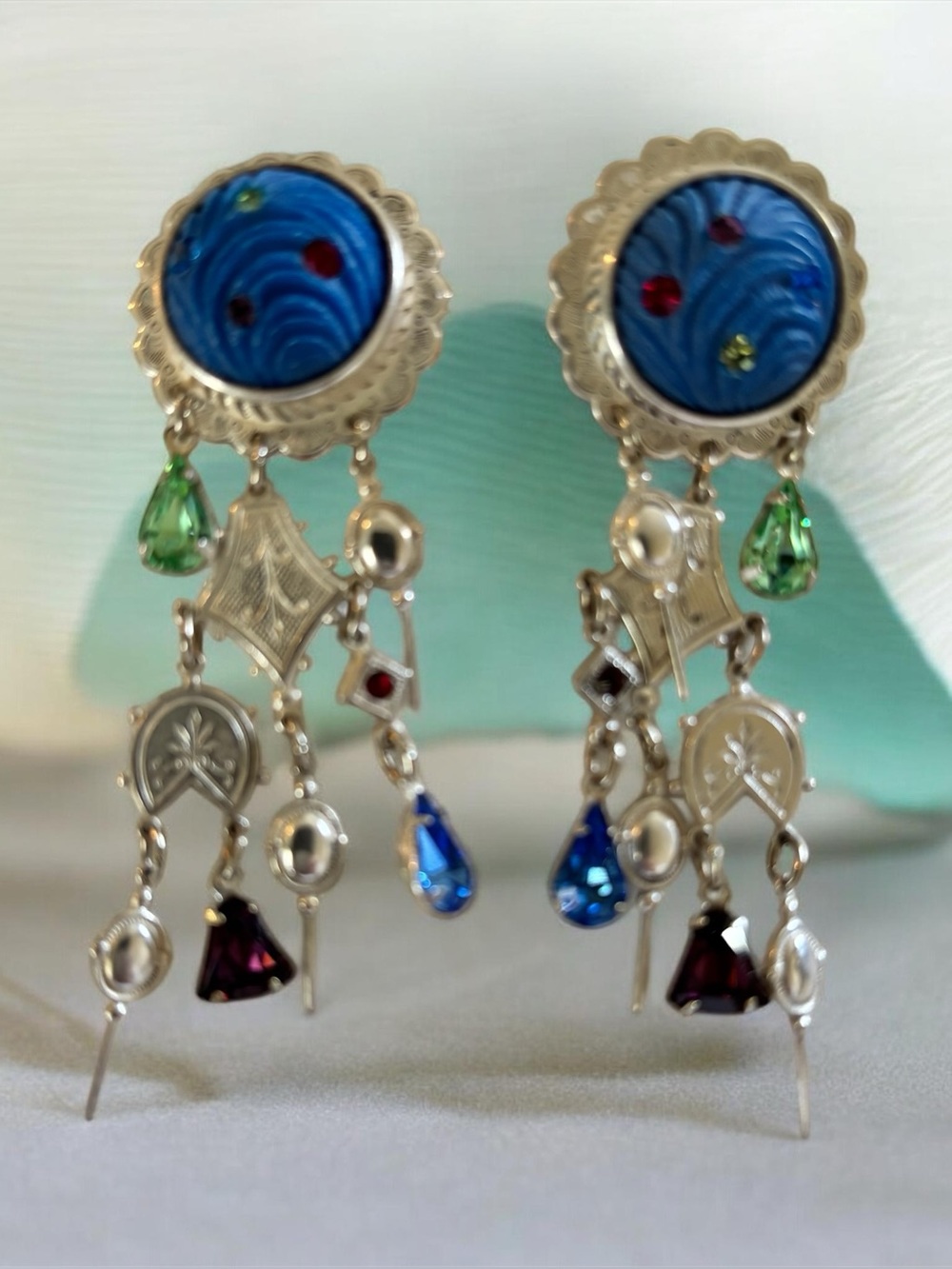 Silver Dangling Intricate Gemstone Festival Earrings